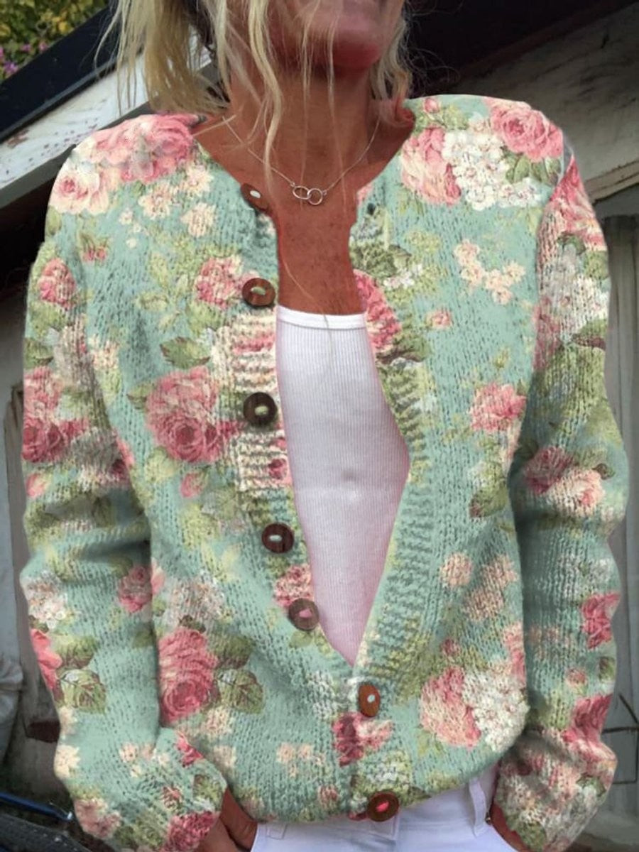 Marigold | Women's Floral Print Button-Front Relaxed-Fit Cardigan