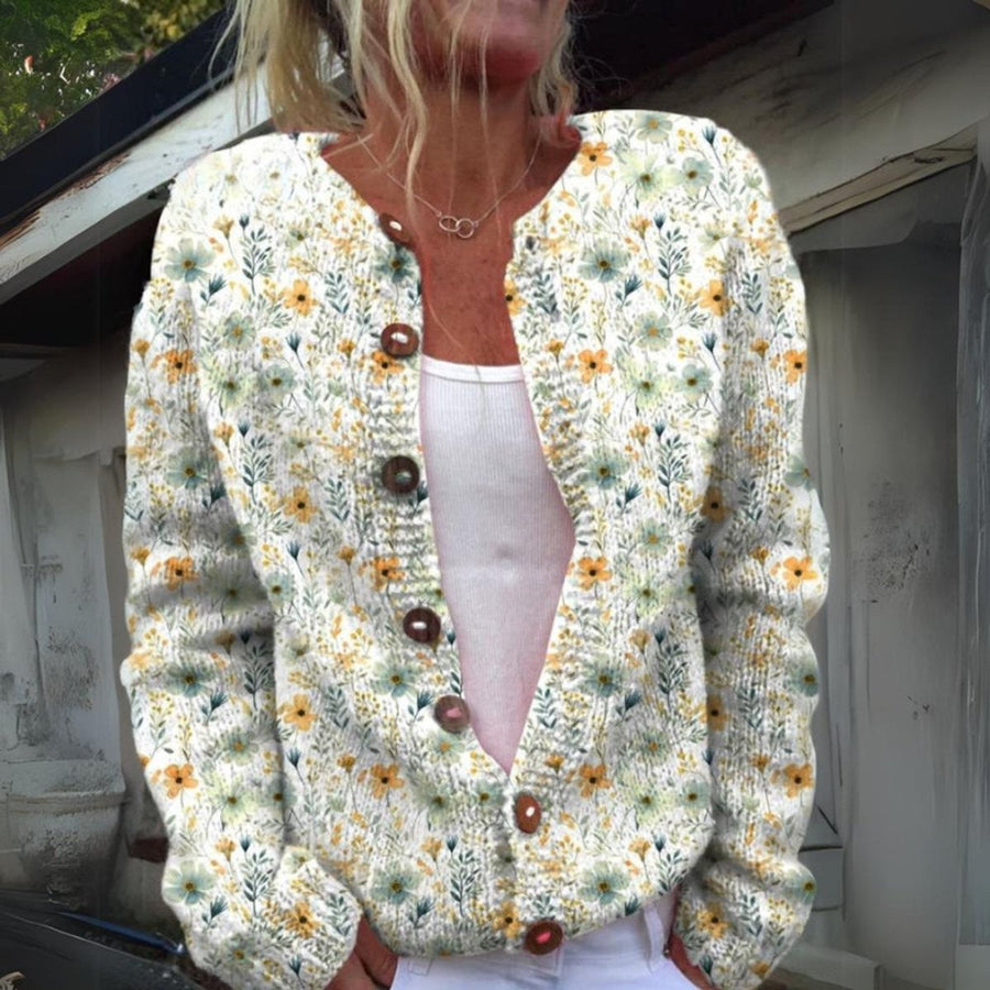 Marigold | Women's Floral Print Button-Up Relaxed-Fit Cardigan