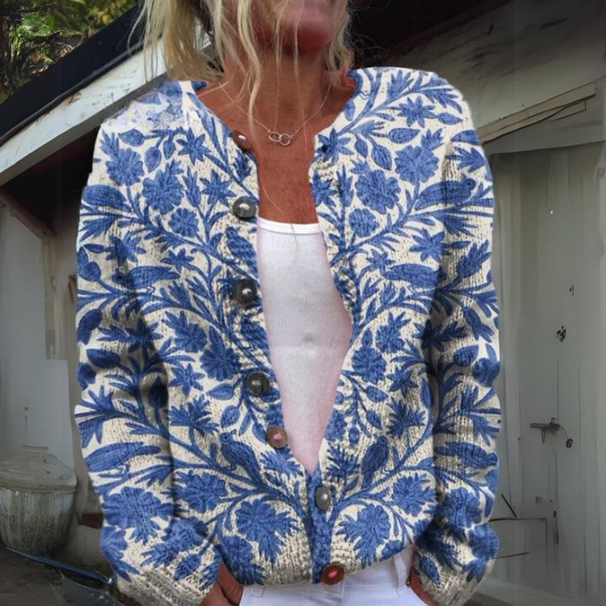 Marigold | Women's Floral Print Button-Up Relaxed-Fit Cardigan