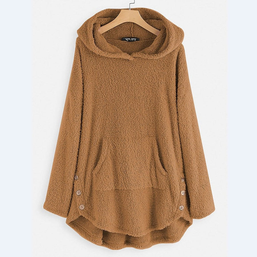 Phoebe | Women's Fluffy Hooded Zip-Up Cat-Pocket High-Low Sweater