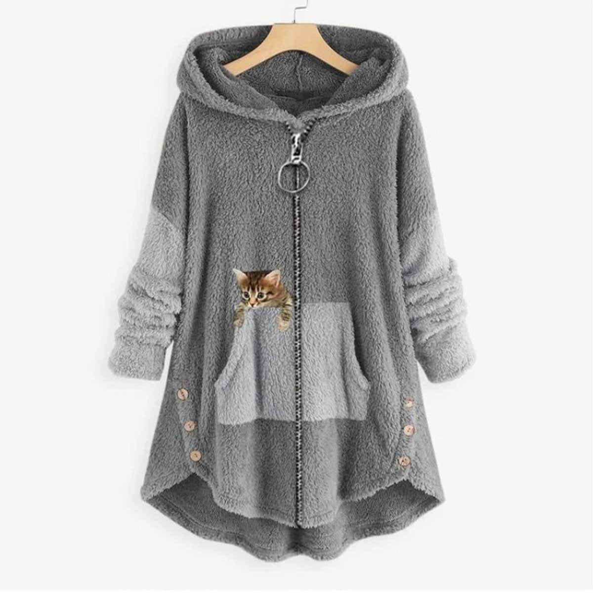 Phoebe | Women's Fluffy Hooded Zip-Up Cat-Pocket High-Low Sweater
