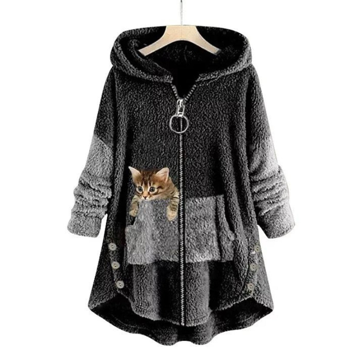 Phoebe | Women's Fluffy Hooded Zip-Up Cat-Pocket High-Low Sweater