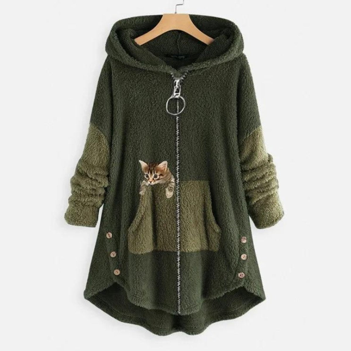 Phoebe | Women's Fluffy Hooded Zip-Up Cat-Pocket High-Low Sweater