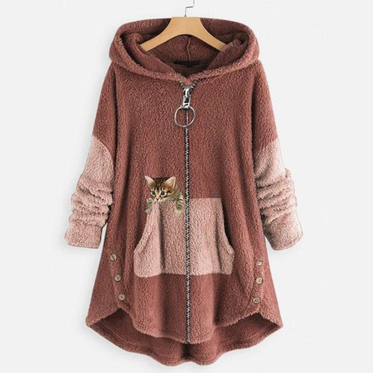 Phoebe | Women's Fluffy Hooded Zip-Up Cat-Pocket High-Low Sweater
