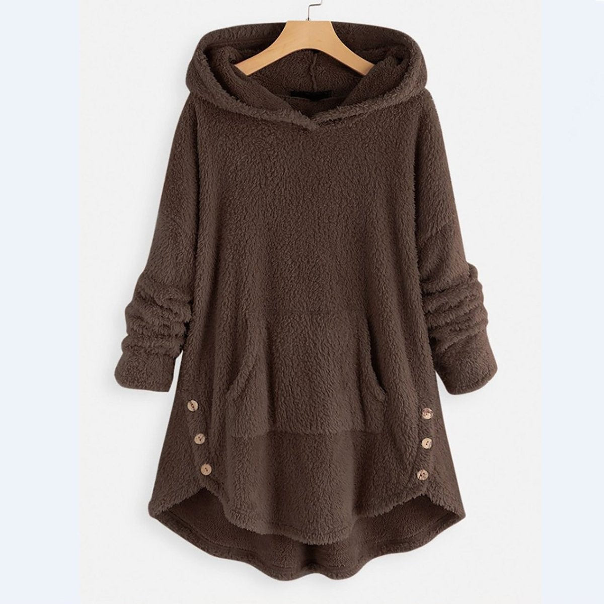 Phoebe | Women's Fluffy Hooded Zip-Up Cat-Pocket High-Low Sweater