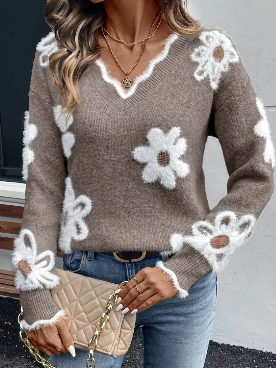 Margot | Women's Fluffy Knit Daisy Floral V-Neck Sweater