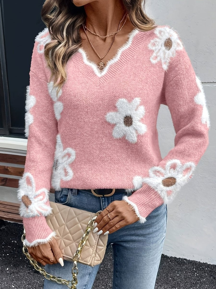 Margot | Women's Fluffy Knit Daisy Floral V-Neck Sweater