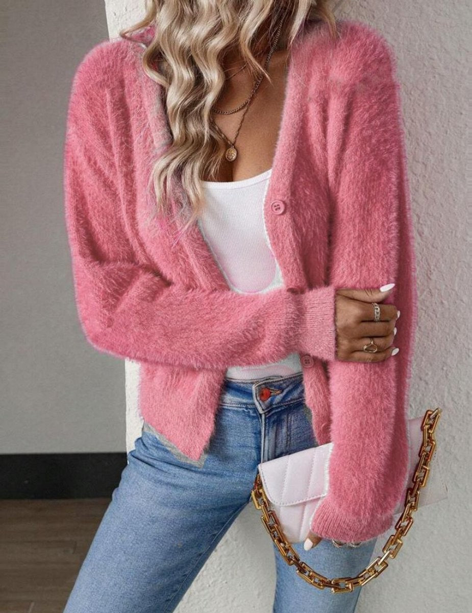Sienna | Women's Fluffy V-Neck Button-Front Cardigan Sweater