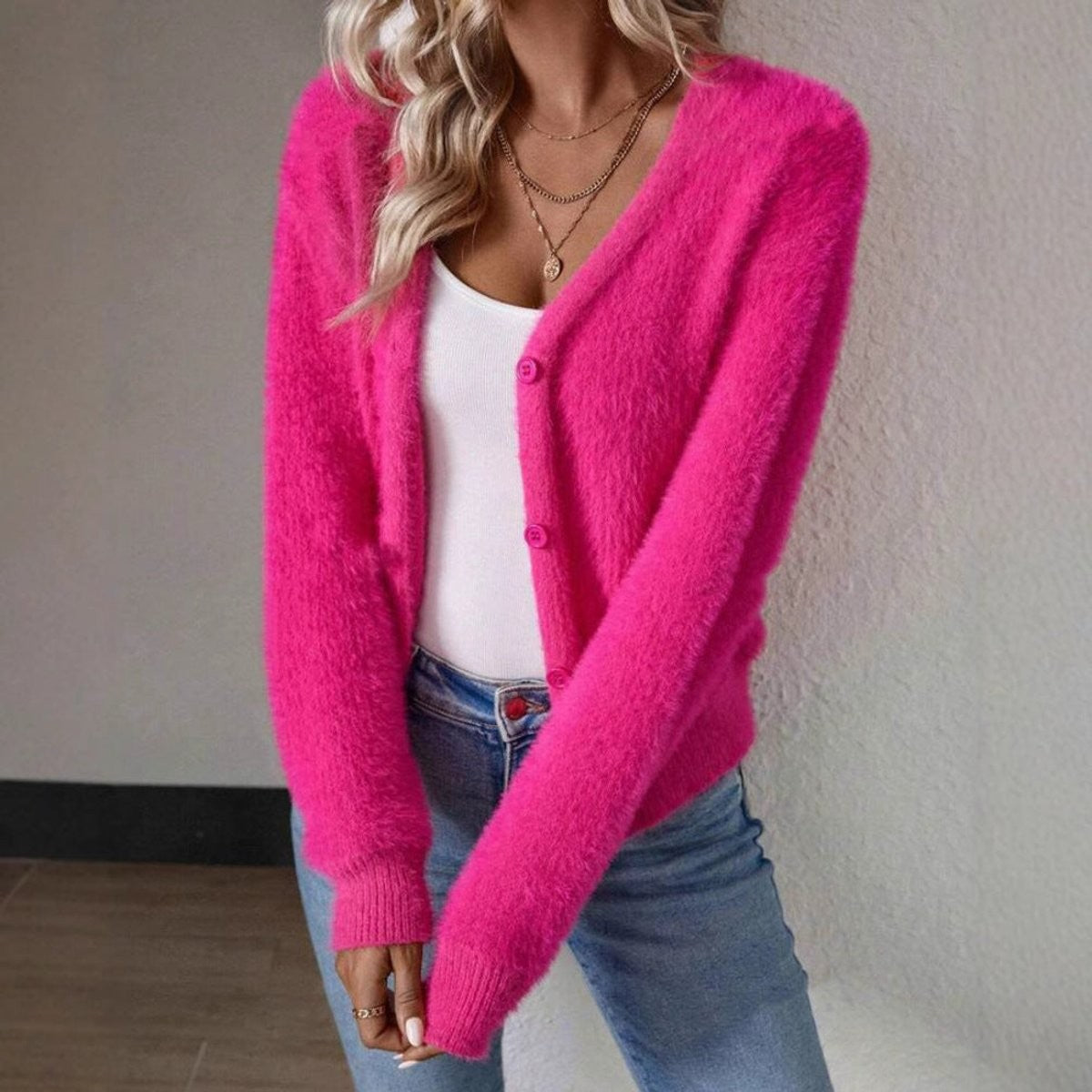 Sienna | Women's Fluffy V-Neck Button-Front Cardigan Sweater