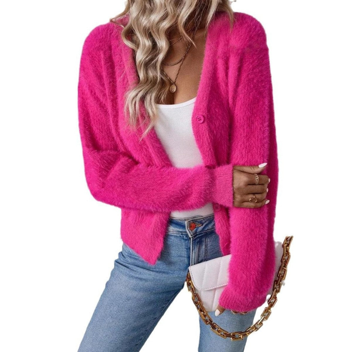 Sienna | Women's Fluffy V-Neck Button-Front Cardigan Sweater