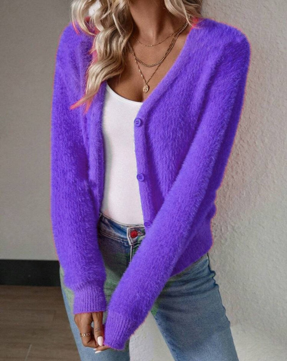 Sienna | Women's Fluffy V-Neck Button-Front Cardigan Sweater