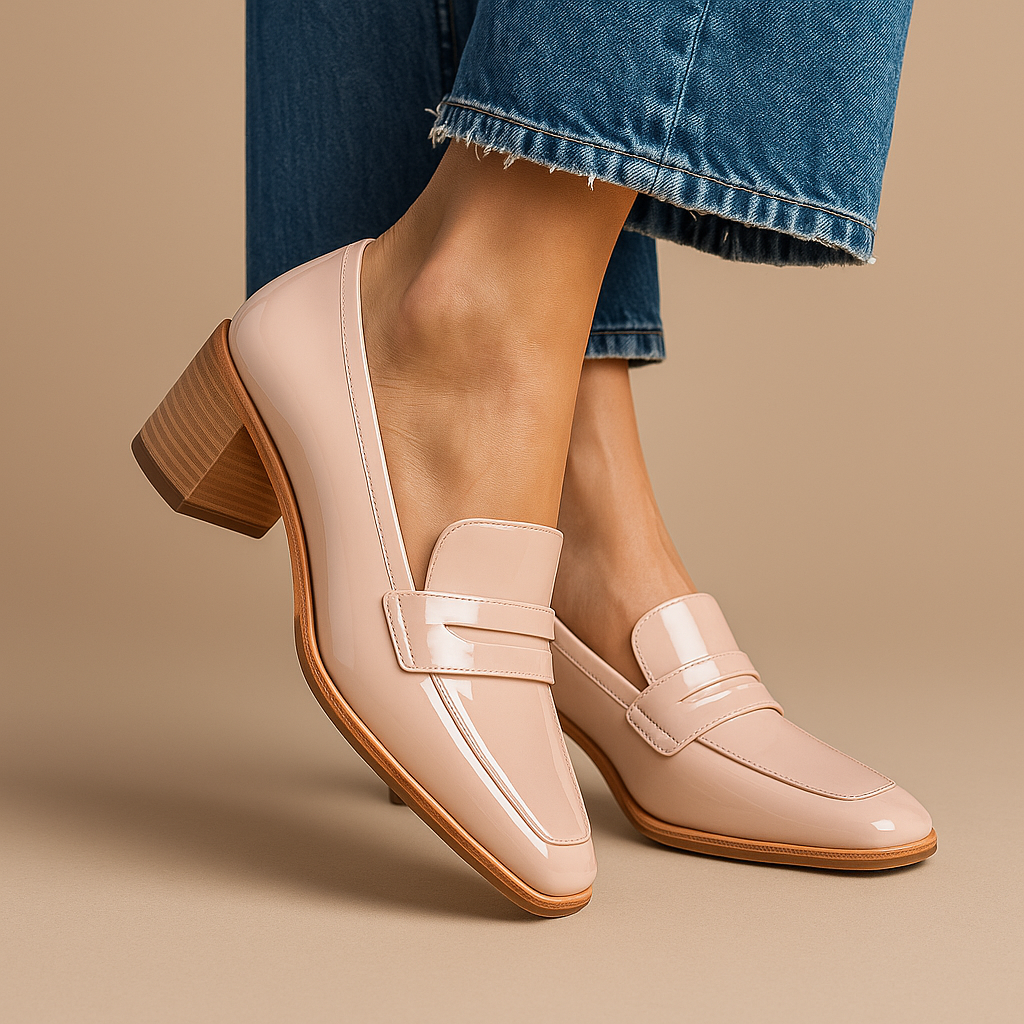 Camille | Women's Glossy Square-Toe Block-Heel Penny Loafers
