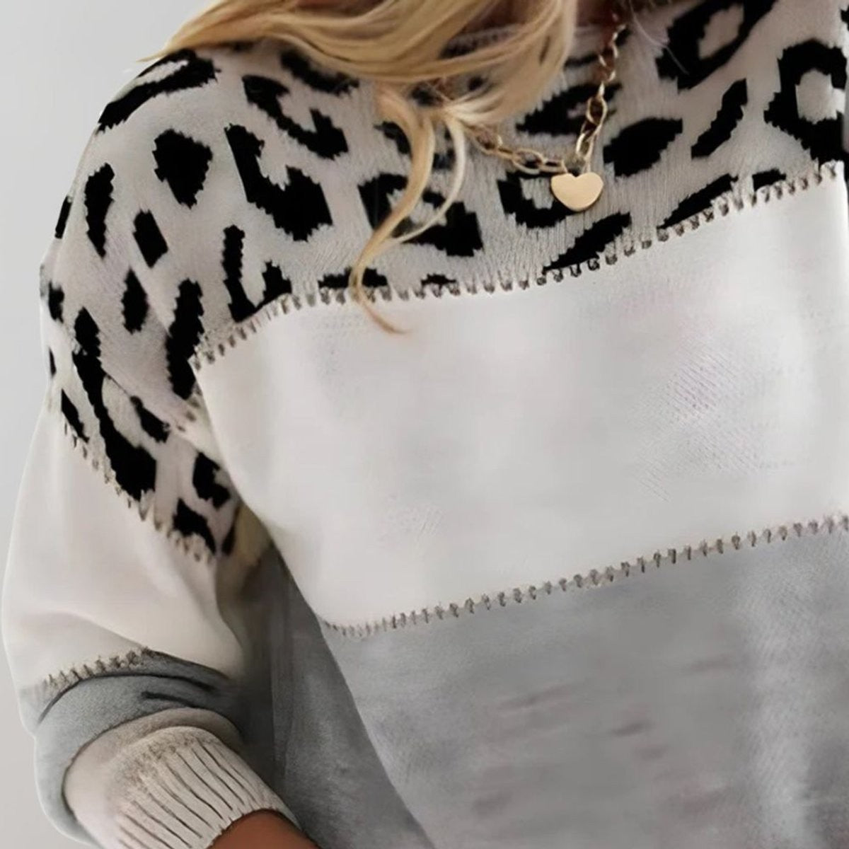 Phoebe | Women's Leopard-Print Color-Block Relaxed-Fit Knit Pullover Sweater