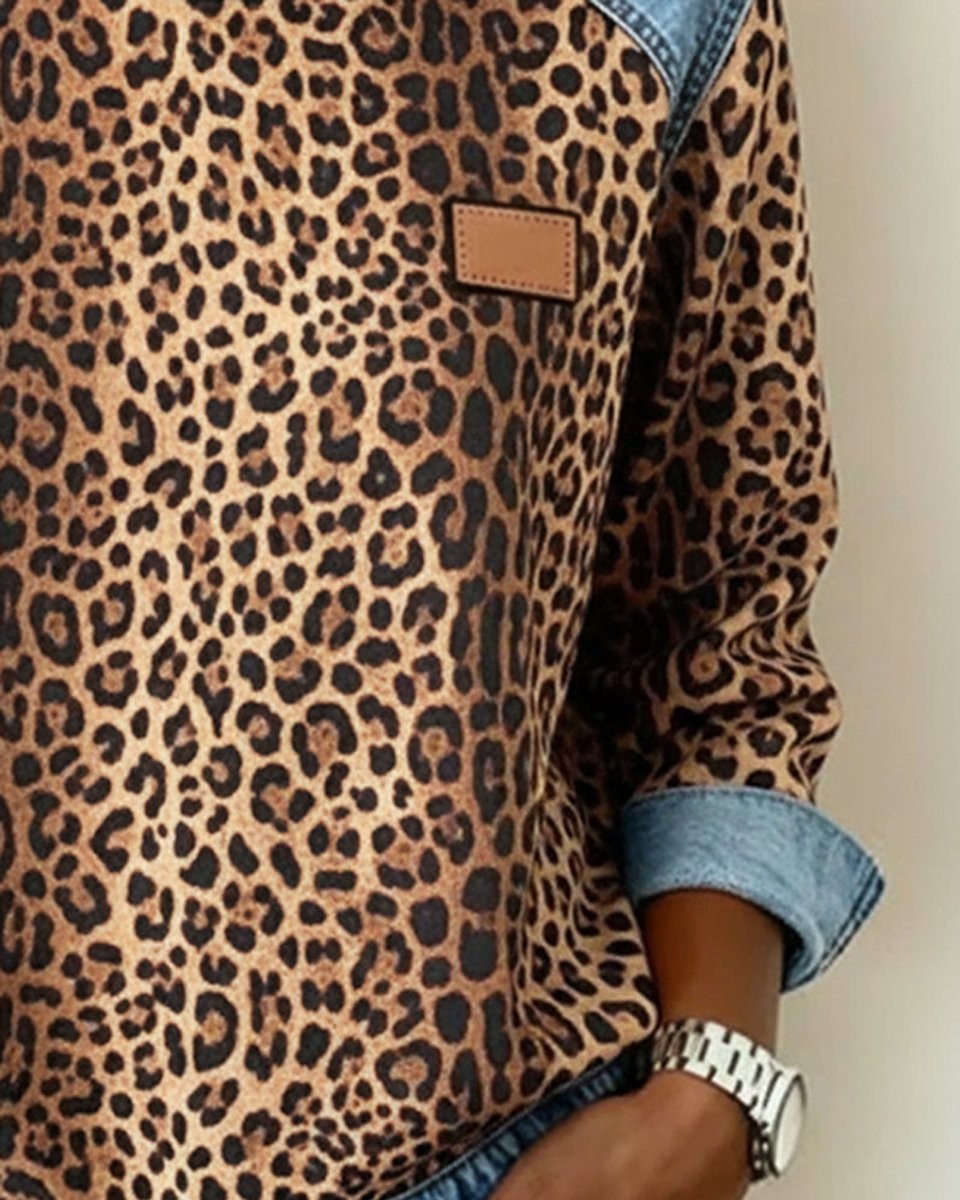 Wren | Women's Leopard Print Denim-Patchwork Raglan-Sleeve Crew-Neck Pullover