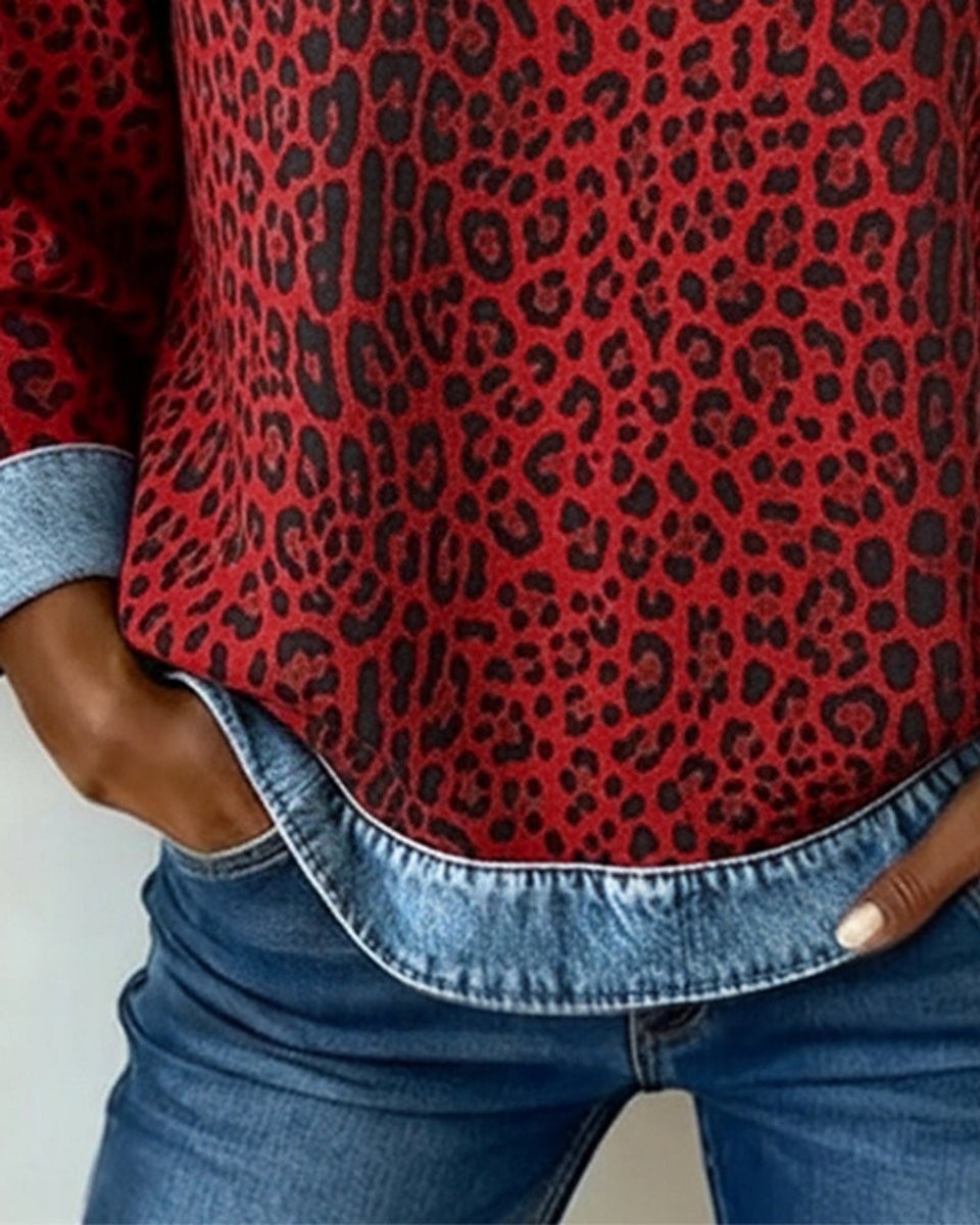 Wren | Women's Leopard Print Denim-Patchwork Raglan-Sleeve Crew-Neck Pullover