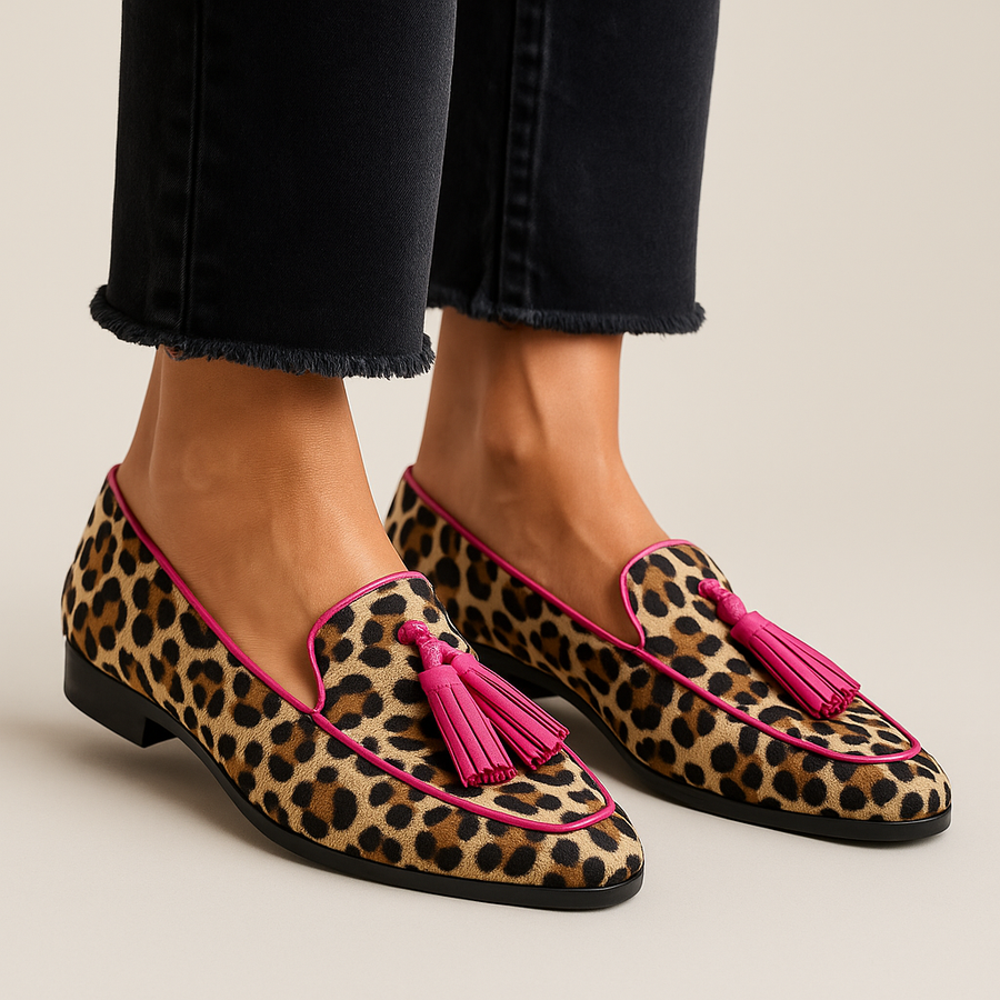 Sienna | Women's Leopard-Print Pink-Trim Tasseled Pointed-Toe Loafers