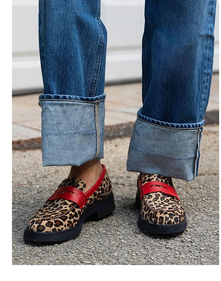 Sienna | Women's Leopard-Print Round-Toe Red-Strap Chunky-Sole Penny Loafers