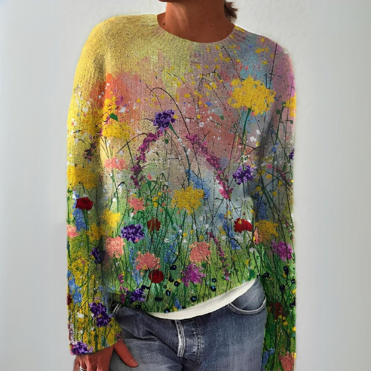 Marielle | Women's Long Sleeve Floral Art Print Knit Sweater
