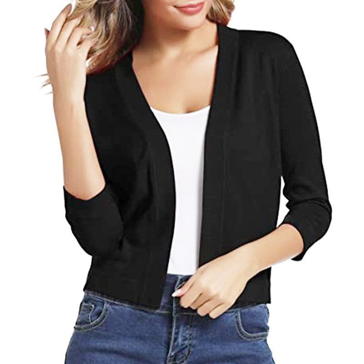 Amelia | Women's Open-Front Cropped 3/4 Sleeve Cardigan