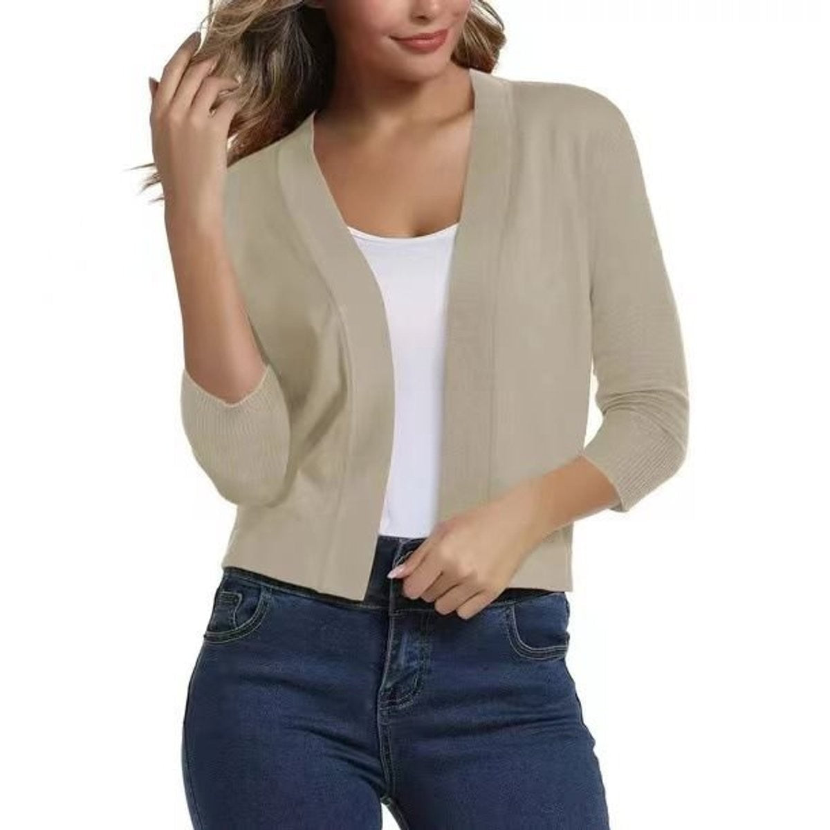 Amelia | Women's Open-Front Cropped 3/4 Sleeve Cardigan