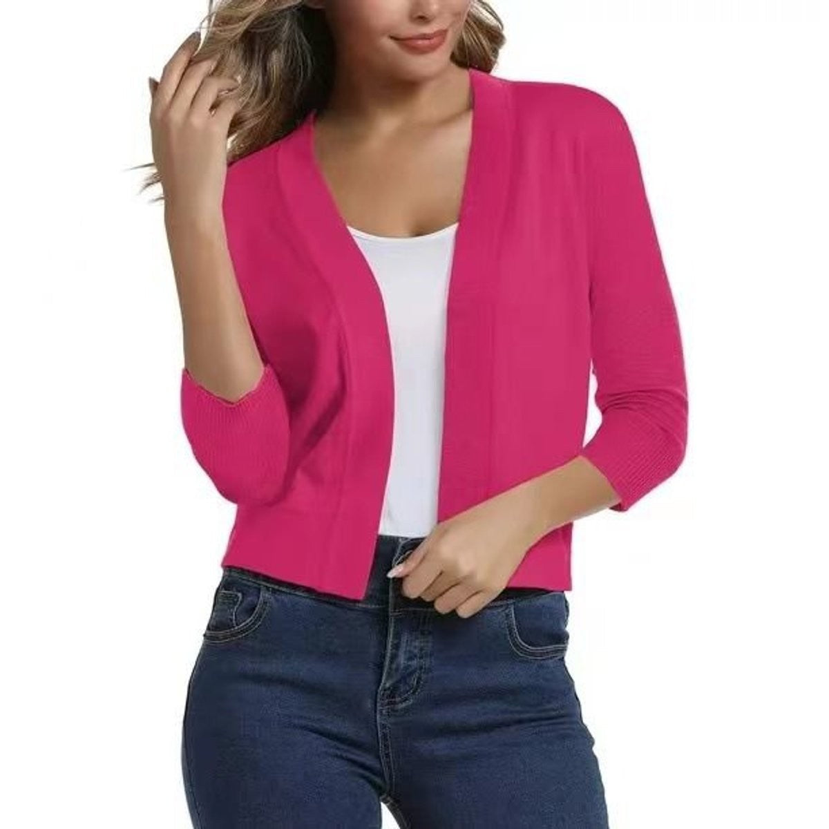 Amelia | Women's Open-Front Cropped 3/4 Sleeve Cardigan