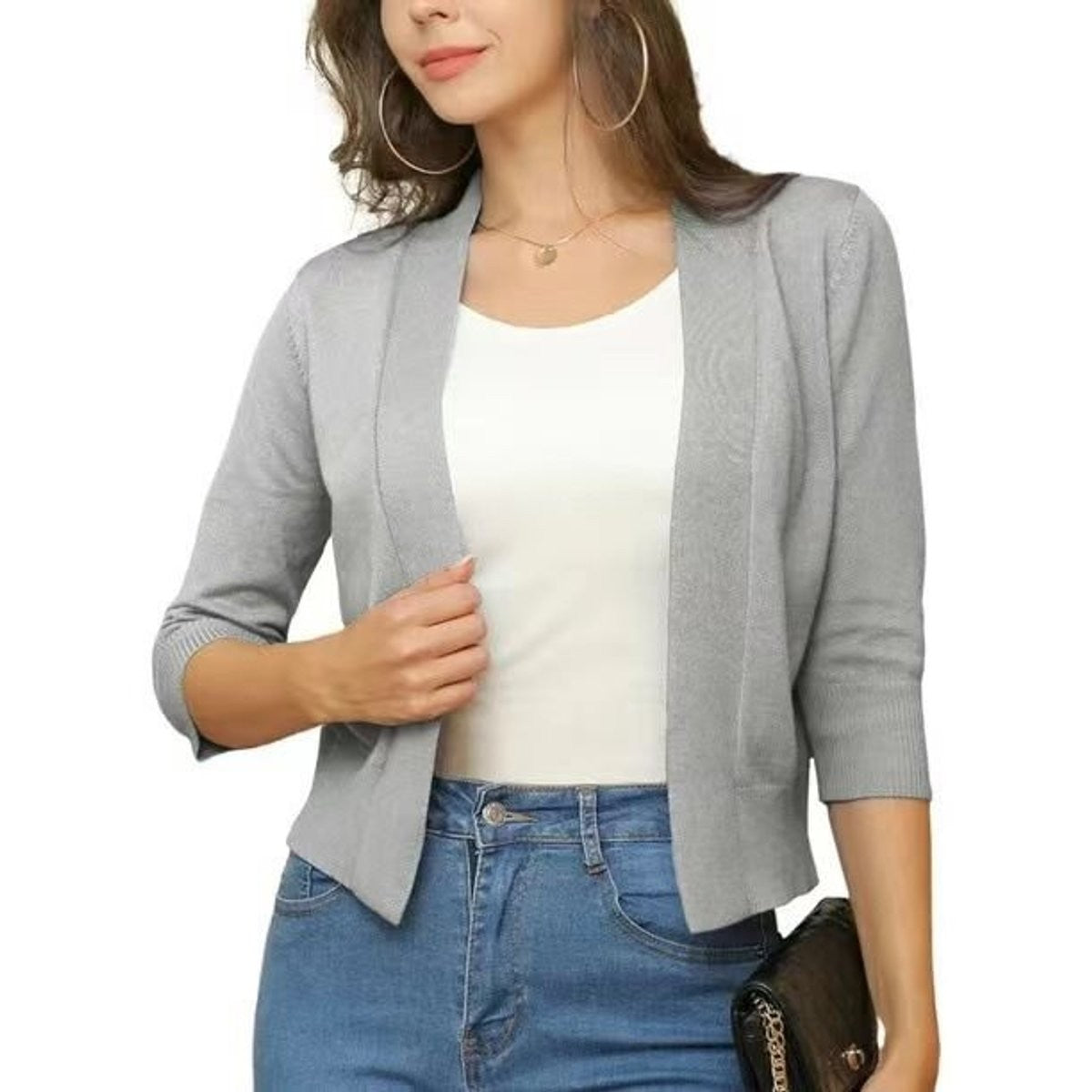 Amelia | Women's Open-Front Cropped 3/4 Sleeve Cardigan