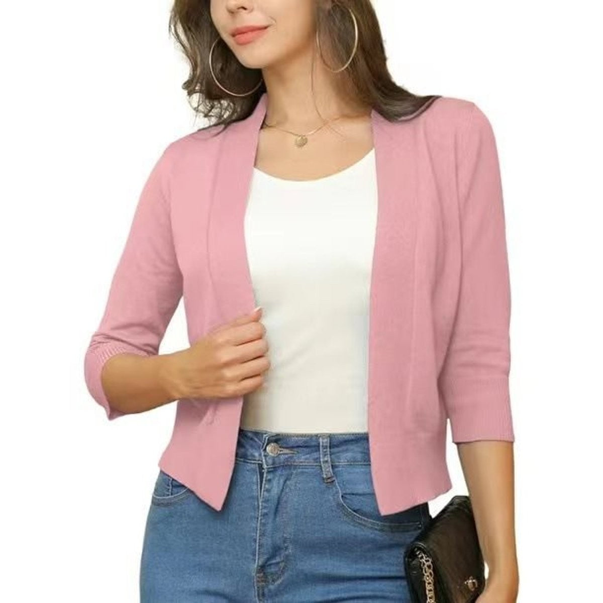 Amelia | Women's Open-Front Cropped 3/4 Sleeve Cardigan