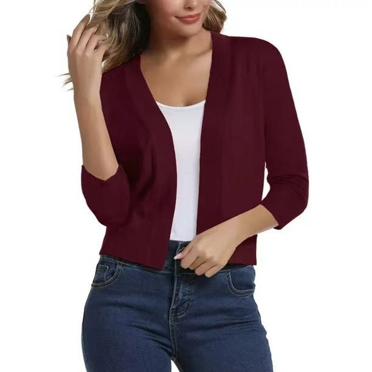 Amelia | Women's Open-Front Cropped 3/4 Sleeve Cardigan