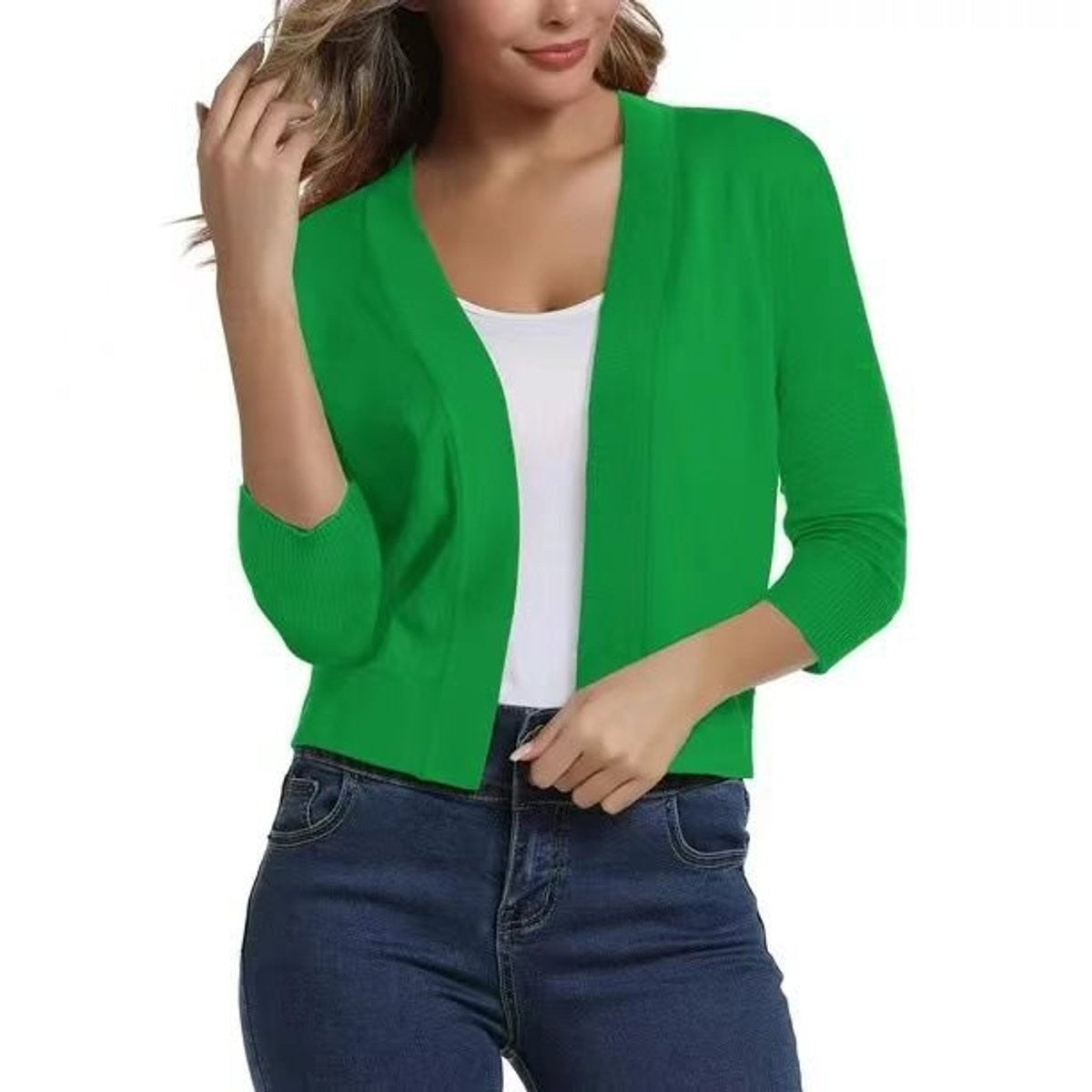 Amelia | Women's Open-Front Cropped 3/4 Sleeve Cardigan