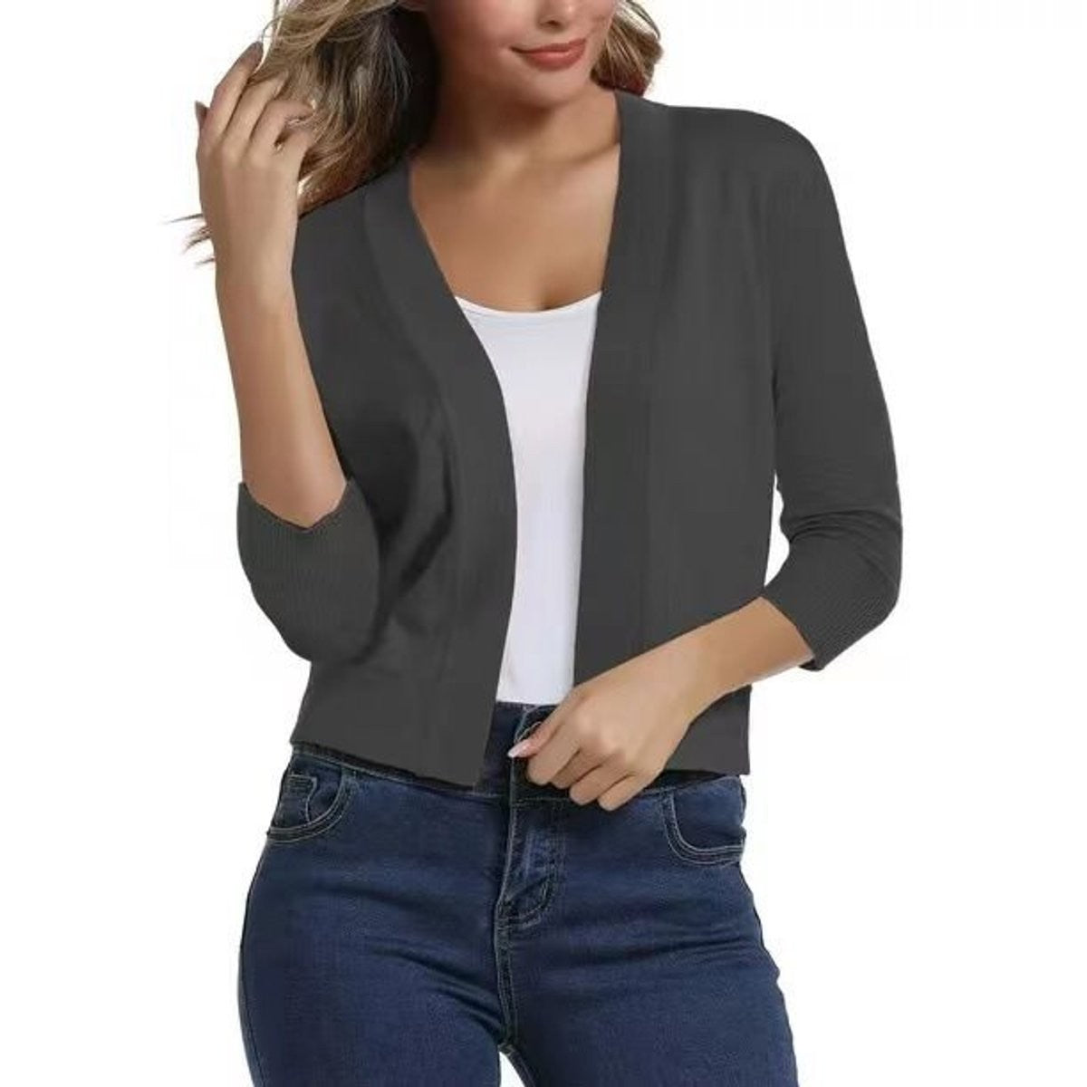 Amelia | Women's Open-Front Cropped 3/4 Sleeve Cardigan