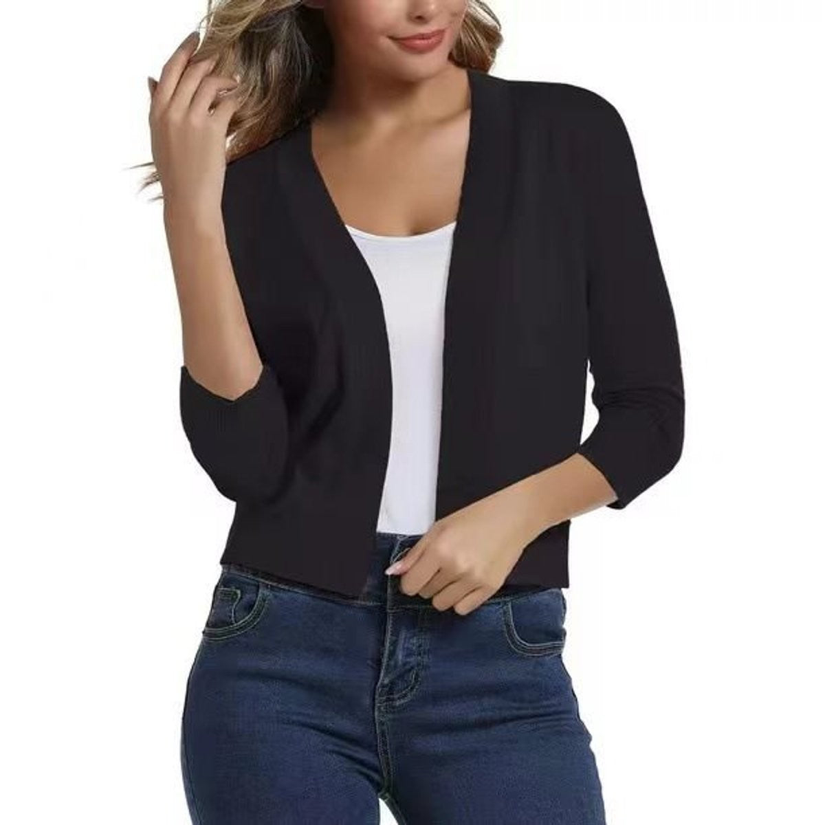 Amelia | Women's Open-Front Cropped 3/4 Sleeve Cardigan