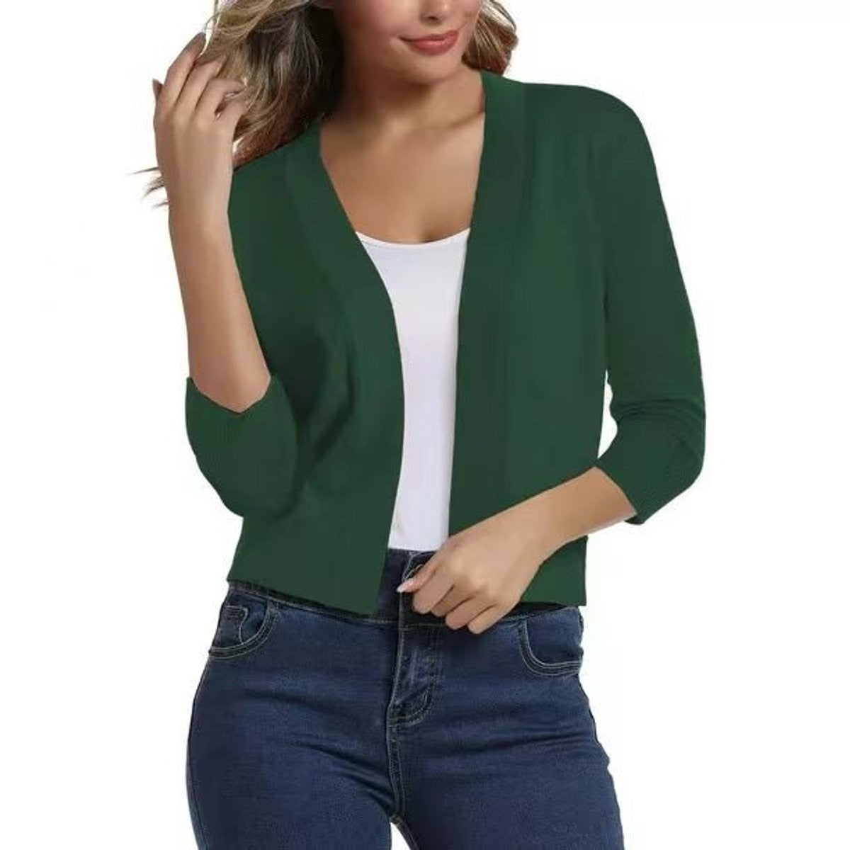 Amelia | Women's Open-Front Cropped 3/4 Sleeve Cardigan