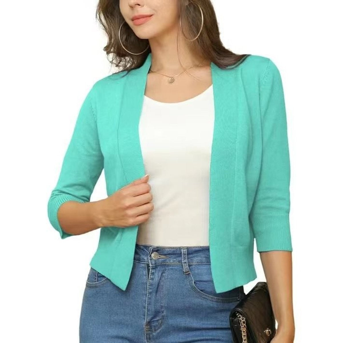 Amelia | Women's Open-Front Cropped 3/4 Sleeve Cardigan