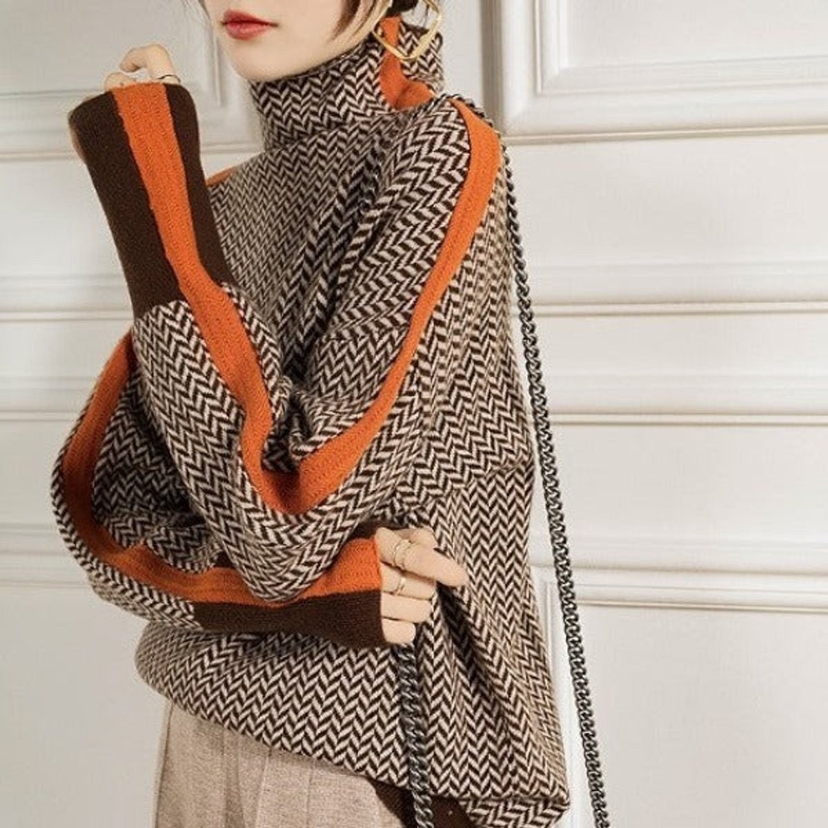 Marguerite | Women's Oversized Herringbone Turtleneck Contrast-Trim Sweater