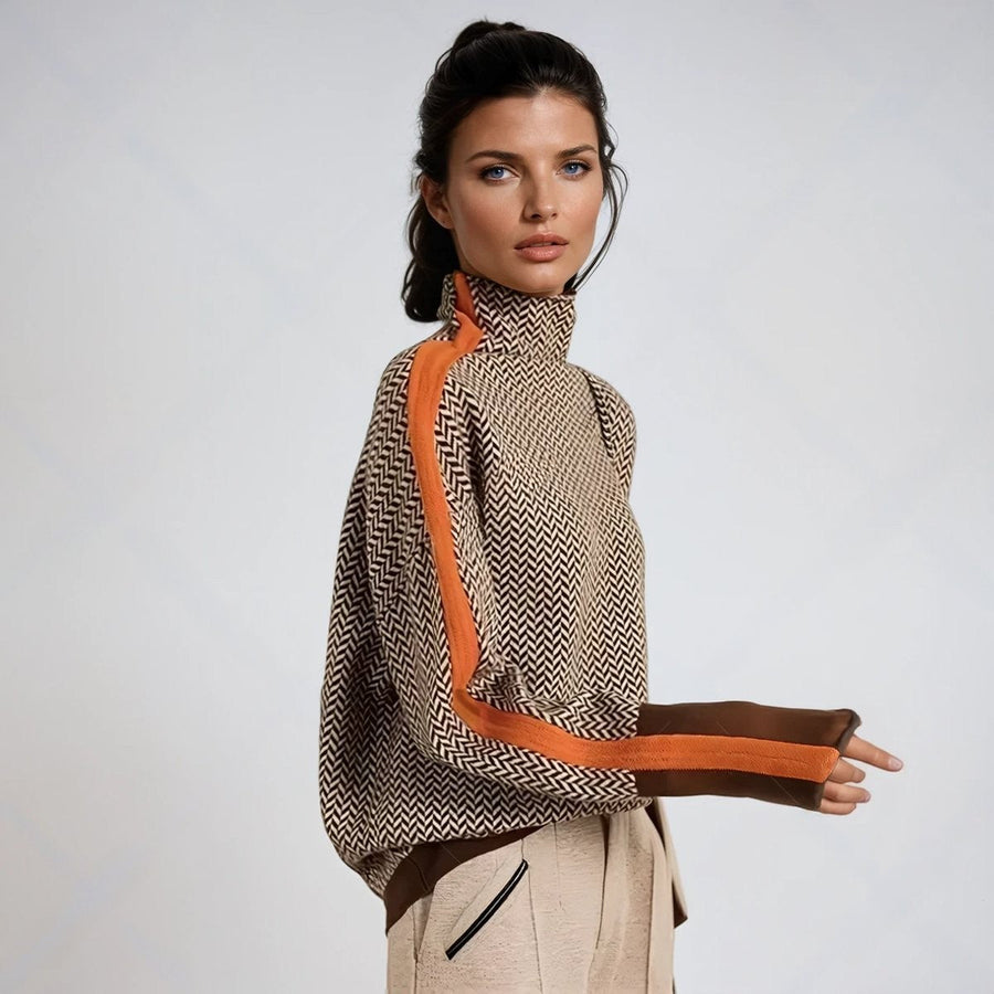 Marguerite | Women's Oversized Herringbone Turtleneck Contrast-Trim Sweater