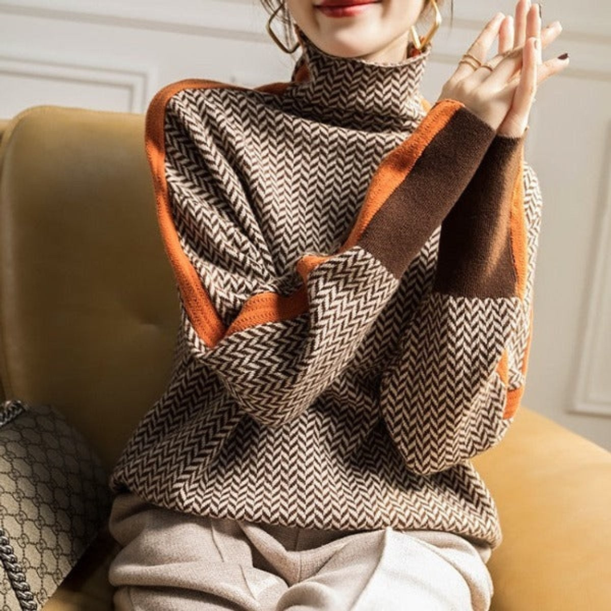 Marguerite | Women's Oversized Herringbone Turtleneck Contrast-Trim Sweater