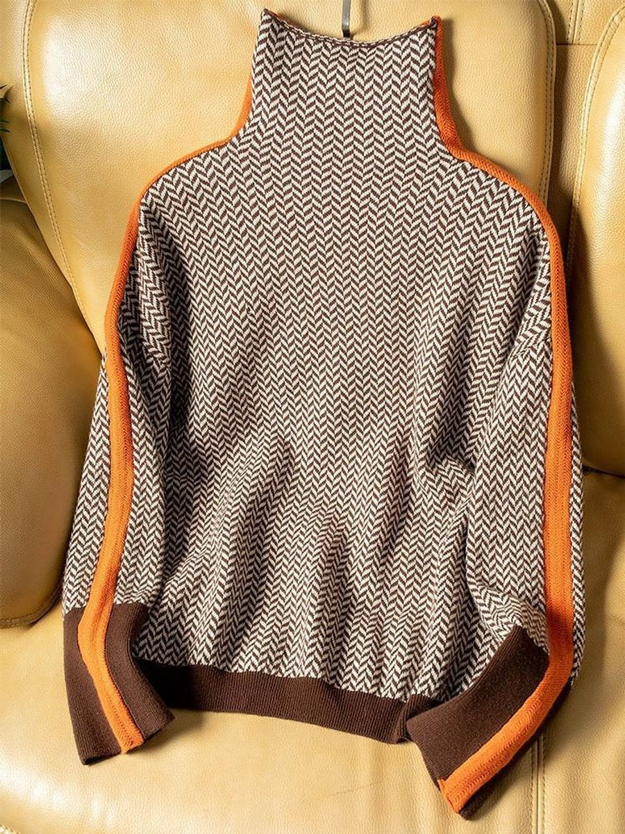Marguerite | Women's Oversized Herringbone Turtleneck Contrast-Trim Sweater