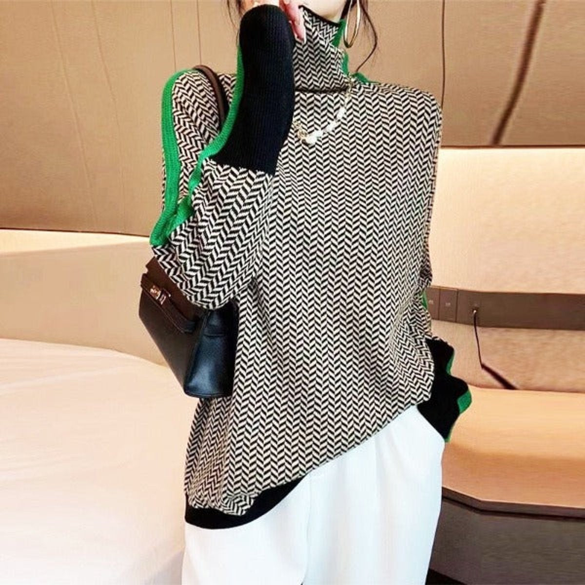 Marguerite | Women's Oversized Herringbone Turtleneck Contrast-Trim Sweater