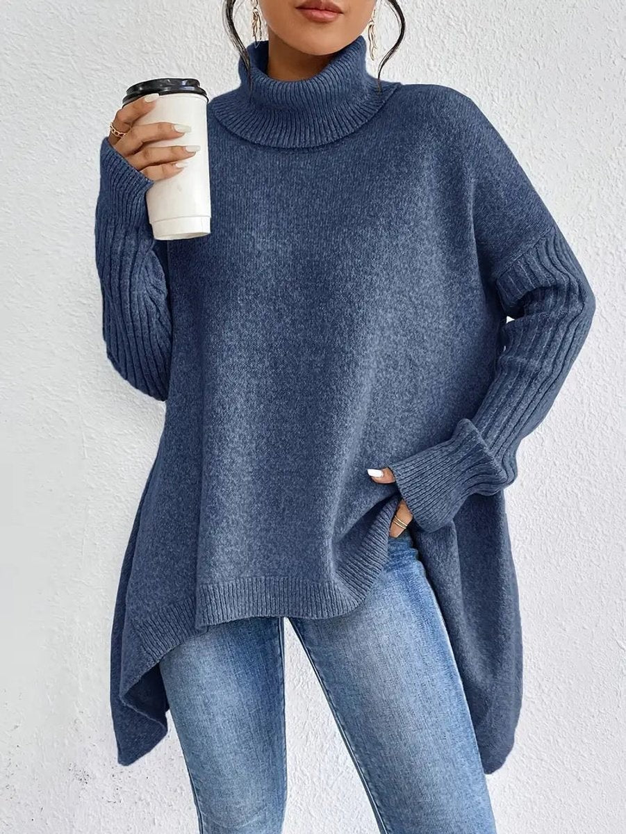 Marlowe | Women's Oversized Ribbed Turtleneck Asymmetric-Hem Sweater