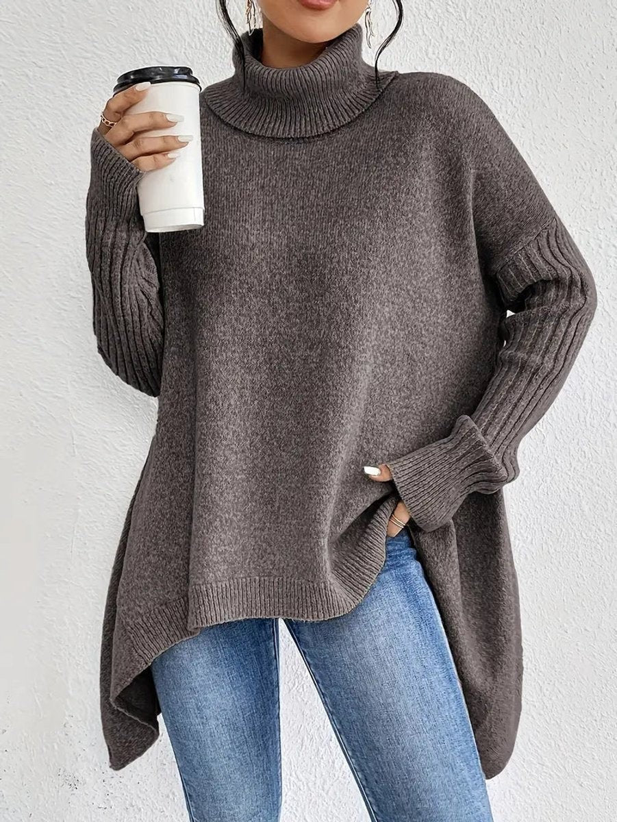 Marlowe | Women's Oversized Ribbed Turtleneck Asymmetric-Hem Sweater