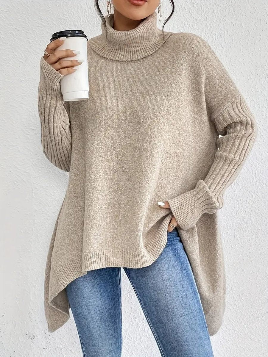 Marlowe | Women's Oversized Ribbed Turtleneck Asymmetric-Hem Sweater