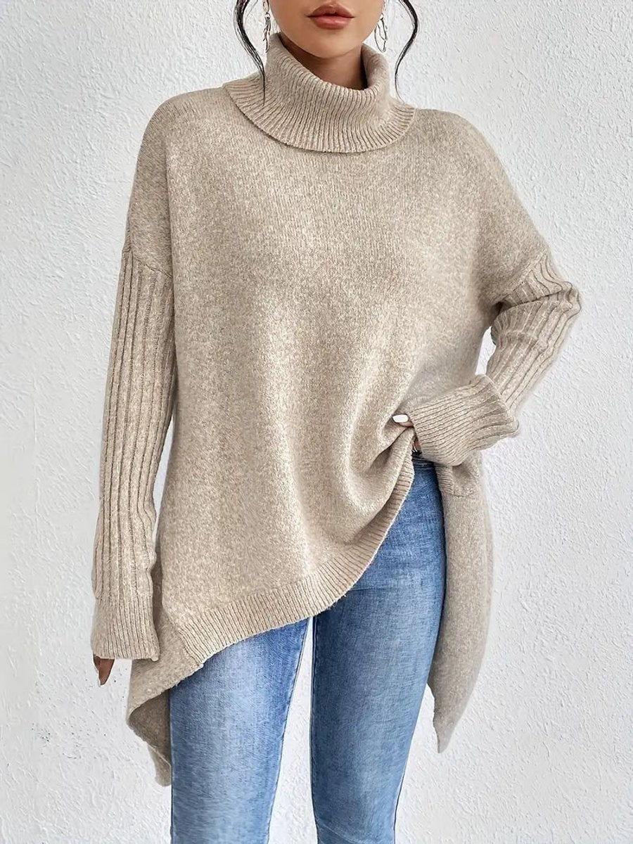 Marlowe | Women's Oversized Ribbed Turtleneck Asymmetric-Hem Sweater