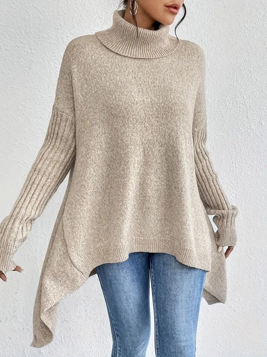 Marlowe | Women's Oversized Ribbed Turtleneck Asymmetric-Hem Sweater