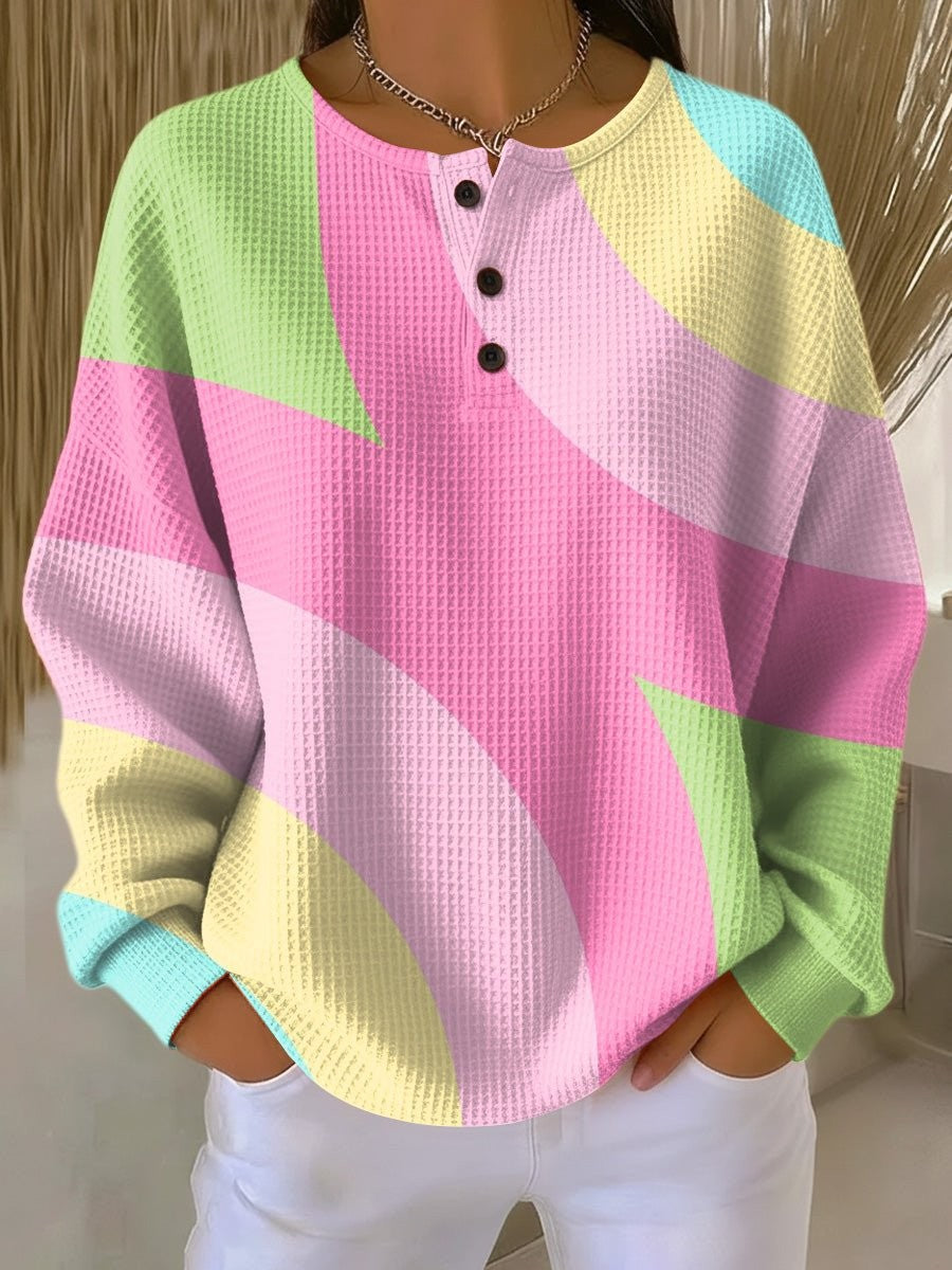 Phoebe | Women's Pastel Color-Block Relaxed-Fit Button-Placket Henley Sweater