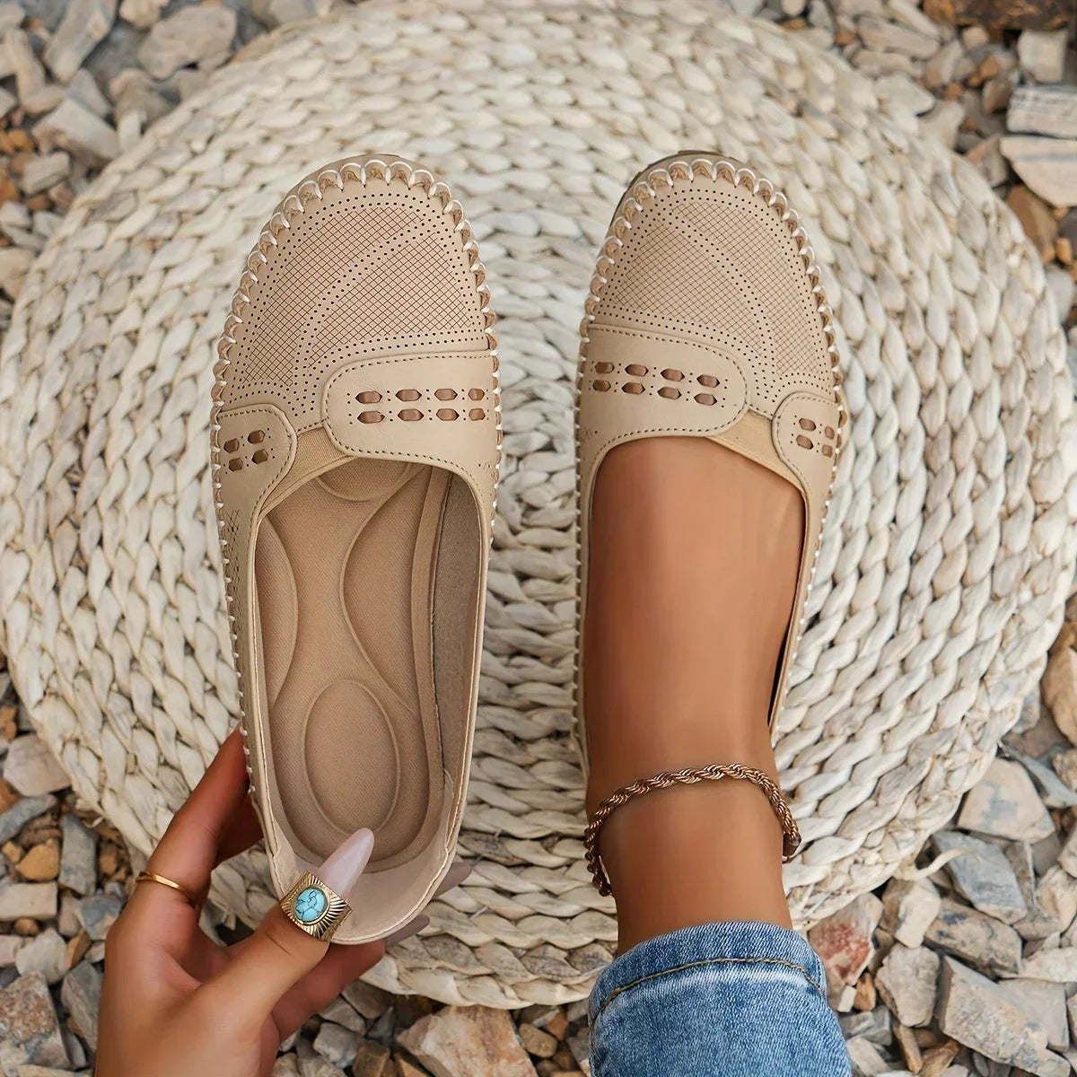 Paulette | Women's Perforated Whipstitch Slip-On Flat Loafers