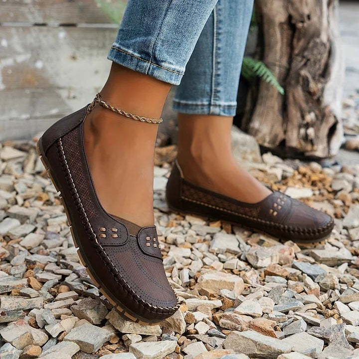 Paulette | Women's Perforated Whipstitch Slip-On Flat Loafers