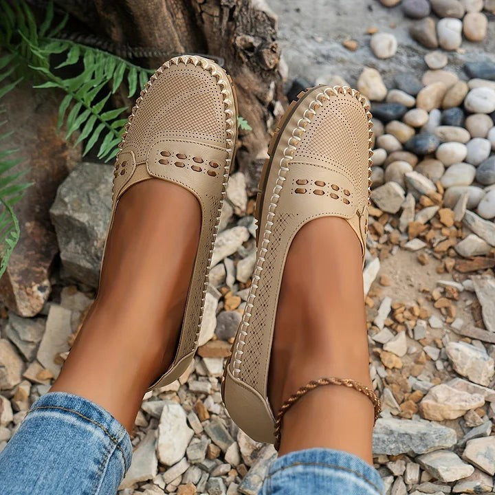 Paulette | Women's Perforated Whipstitch Slip-On Flat Loafers
