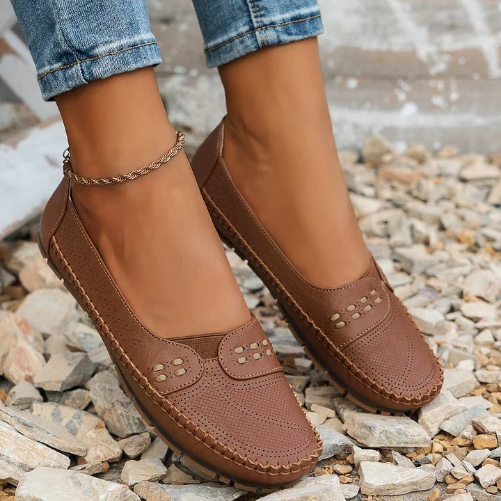 Paulette | Women's Perforated Whipstitch Slip-On Flat Loafers