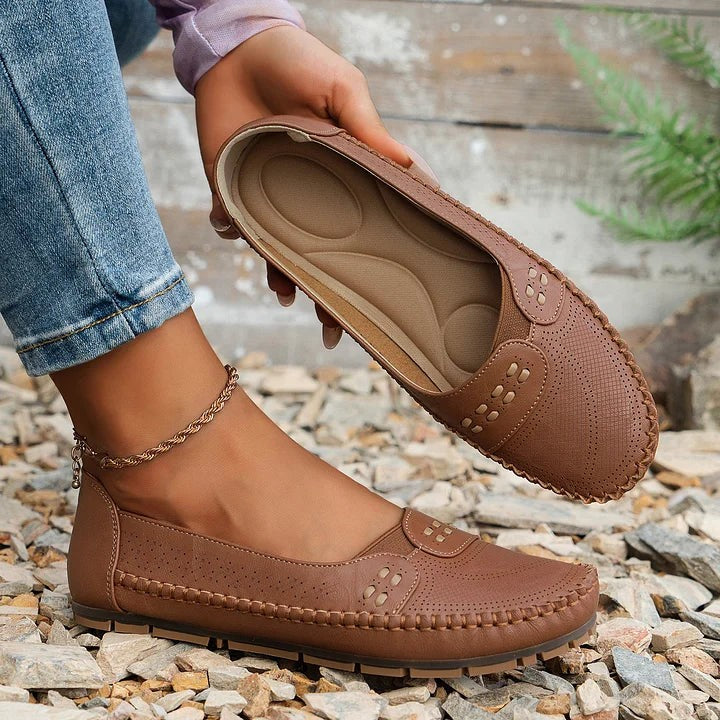 Paulette | Women's Perforated Whipstitch Slip-On Flat Loafers