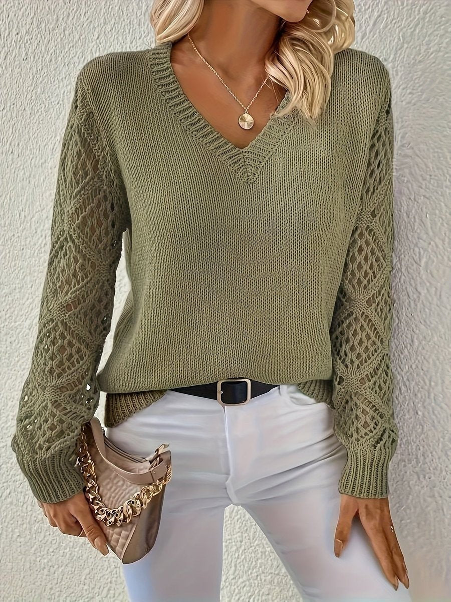 Marigold | Women's Regular Fit Hollow Sleeve Knit V-Neck Sweater